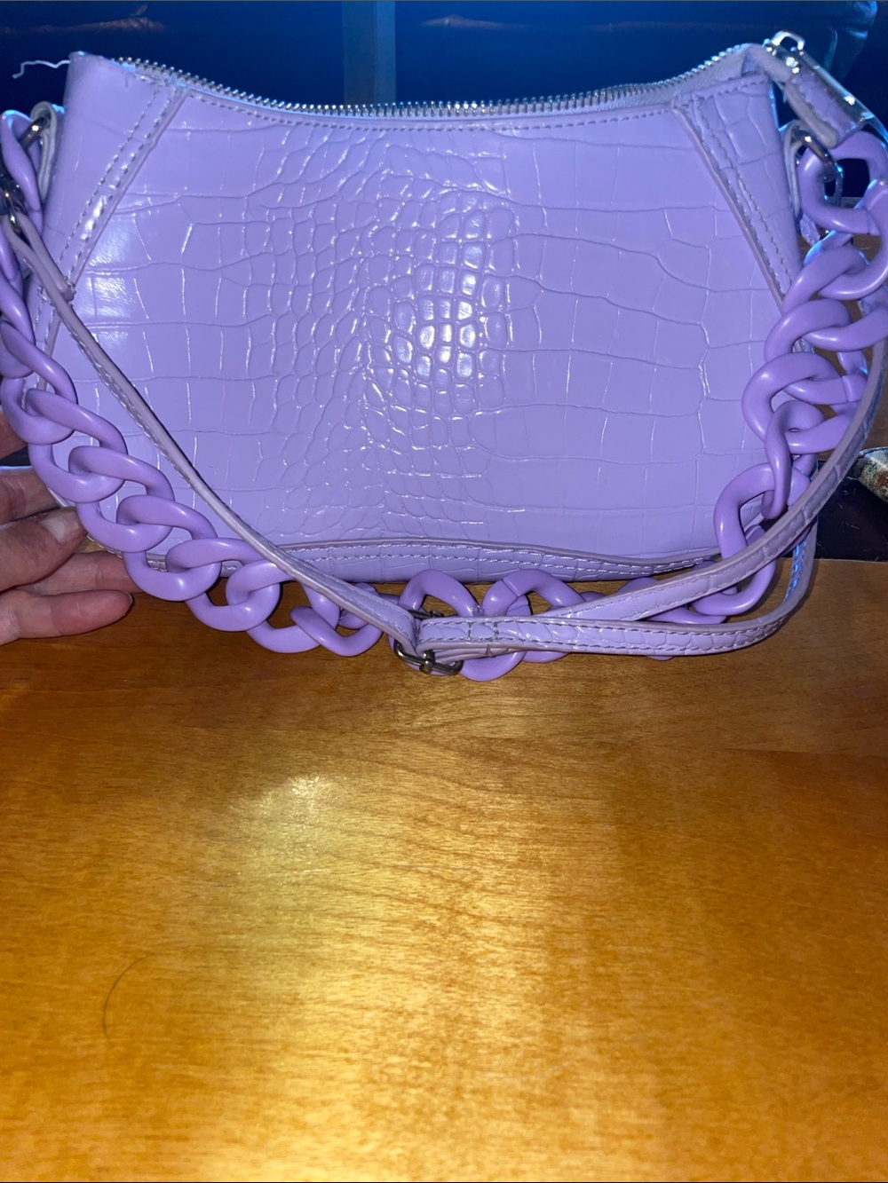 BERSHKA Women's Lilac Croc-Embossed Shoulder Bag with Chunky Plastic Chain